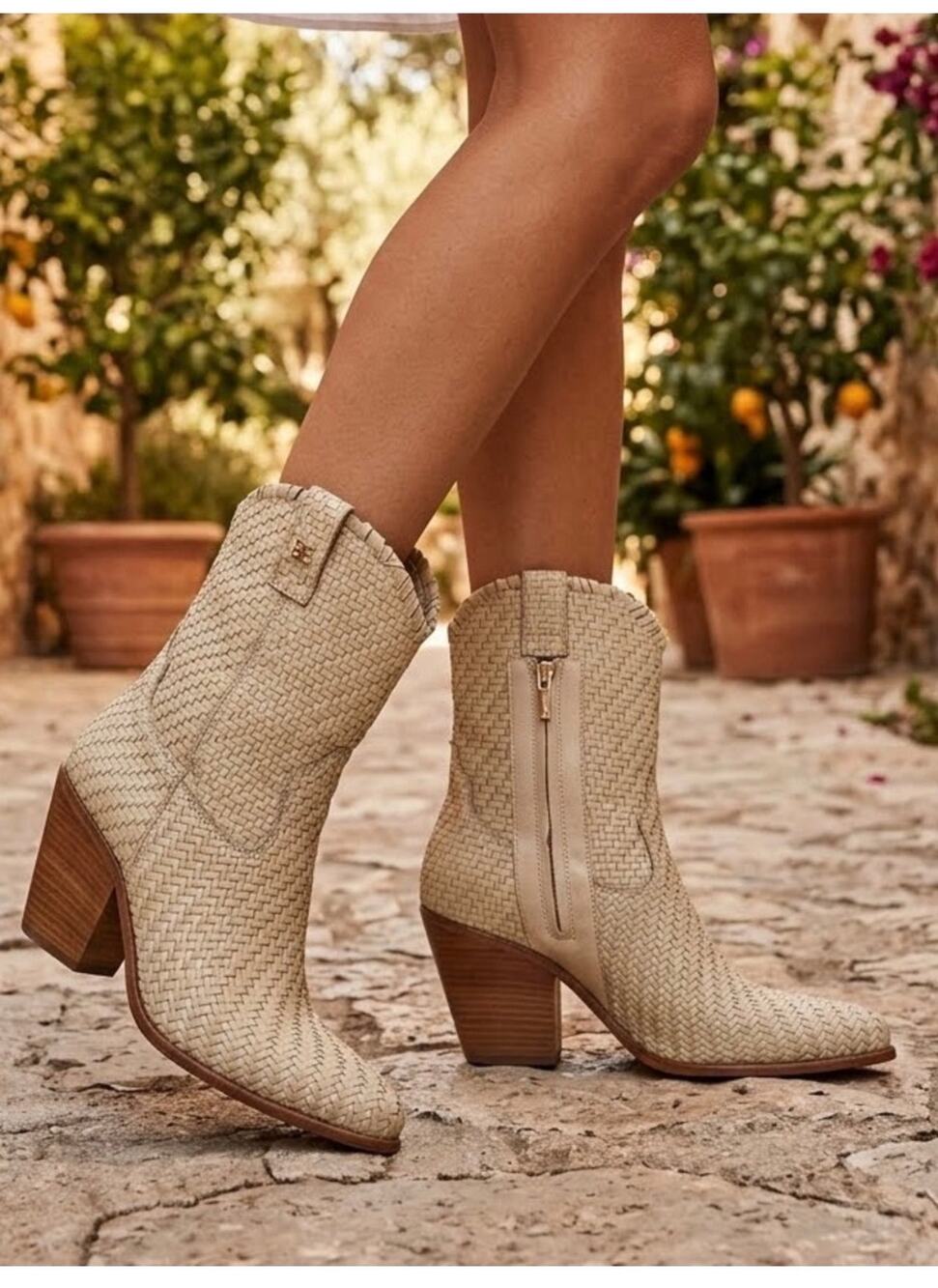 NIB Sam Edelman Tracy Cowboy Boots Straw Heeled 5 Cream Off White $275 Leather